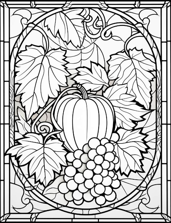 A pumpkin and grapes surrounded by large leaves in a leaded glass frame coloring page.
