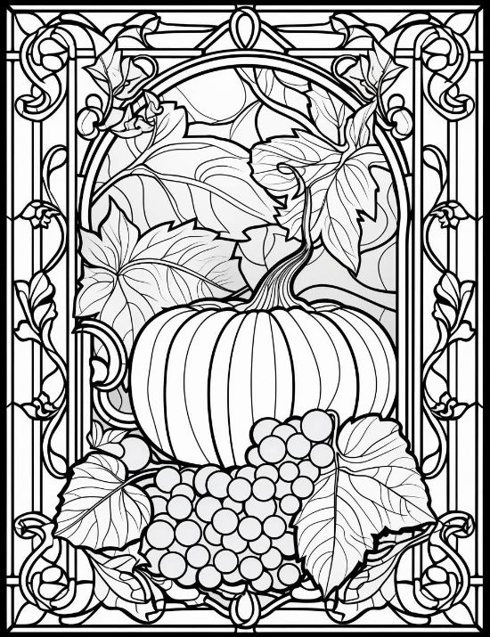 Harvest pumpkin and grape clusters framed by an ornate art nouveau border in this detailed coloring page.
