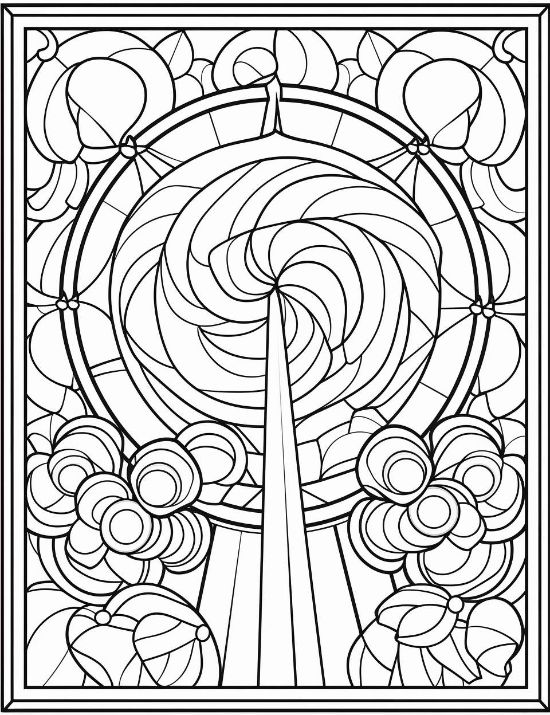A central swirling lollipop design surrounded by floral motifs in a stained glass style coloring page.