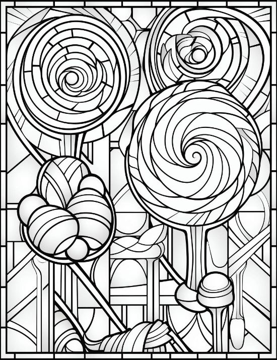 Swirling lollipops and round candies arranged in a leaded glass window composition for a coloring page.