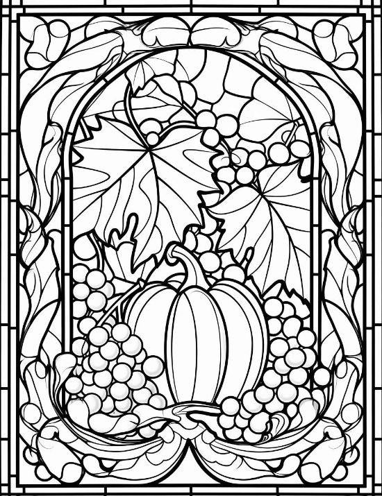 Harvest pumpkin and grape clusters framed by an ornate arched window in this detailed coloring sheet.