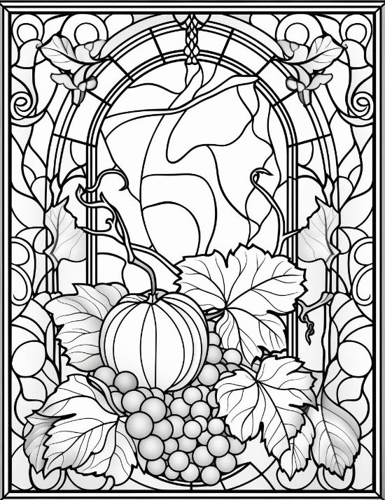 A pumpkin and grapes harvest scene framed by an arched window in a stained glass coloring page.