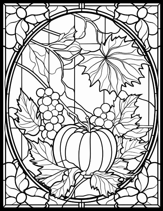 Harvest pumpkin and grapes within an oval stained glass frame with floral corners for this coloring page.