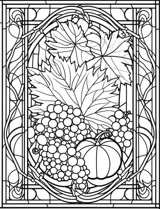 Grapes and pumpkins arranged with large leaves inside an ornate Art Nouveau frame coloring page.