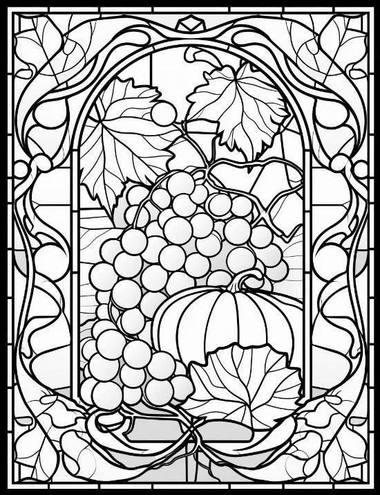 Grape clusters and a pumpkin are framed by swirling leaves and vines in this harvest coloring page.