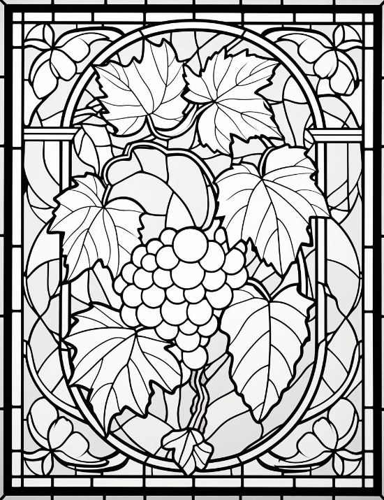 Grape cluster and jagged leaves framed by an oval border in a botanical stained glass coloring page.