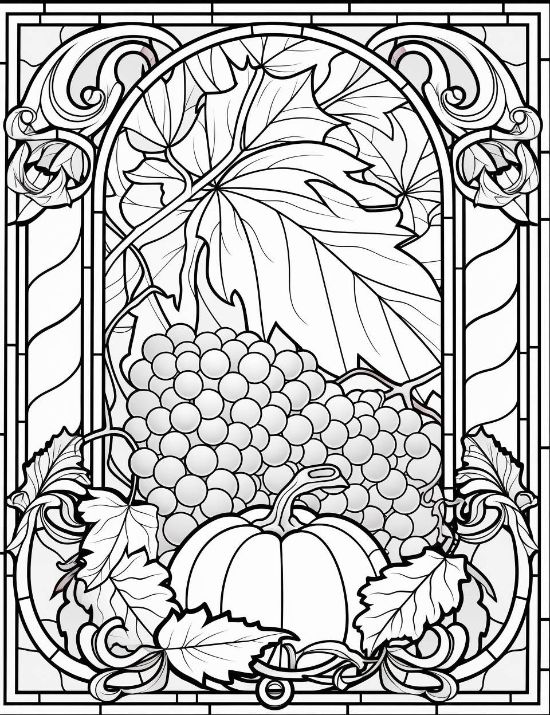 A pumpkin and grape clusters framed by large autumn leaves in an Art Nouveau style coloring page.