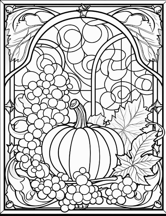 Harvest pumpkin and grape clusters framed by an arched window with swirling glass patterns coloring page.