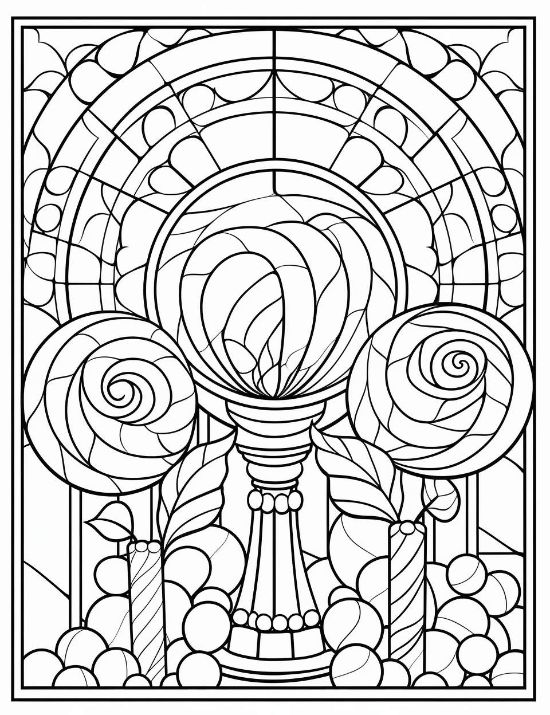 Floral stained glass window with roses and a central chalice featuring thick outlines for a coloring page.