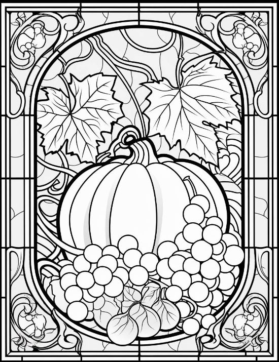 A large pumpkin and grape clusters inside an ornate arched frame for a harvest themed coloring page.