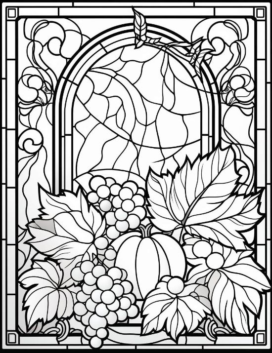A pumpkin and grapes sit before an arched window with floral motifs in this stained glass coloring page.