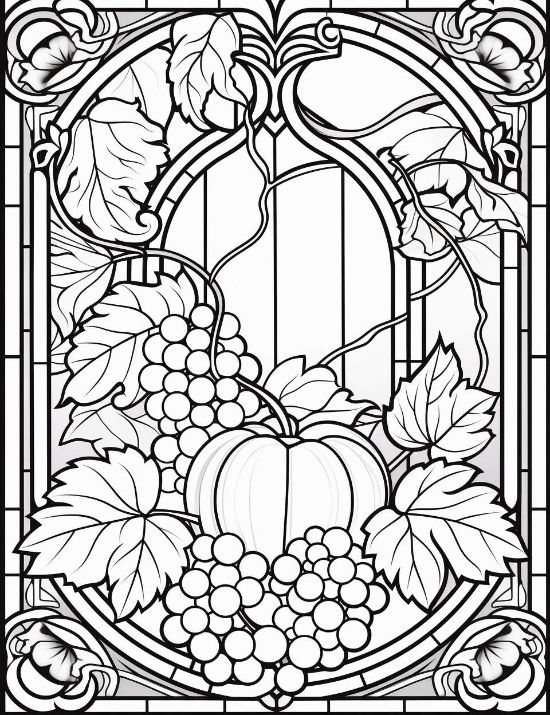 A pumpkin and grape clusters framed by an ornate art nouveau border in a stained glass coloring page.