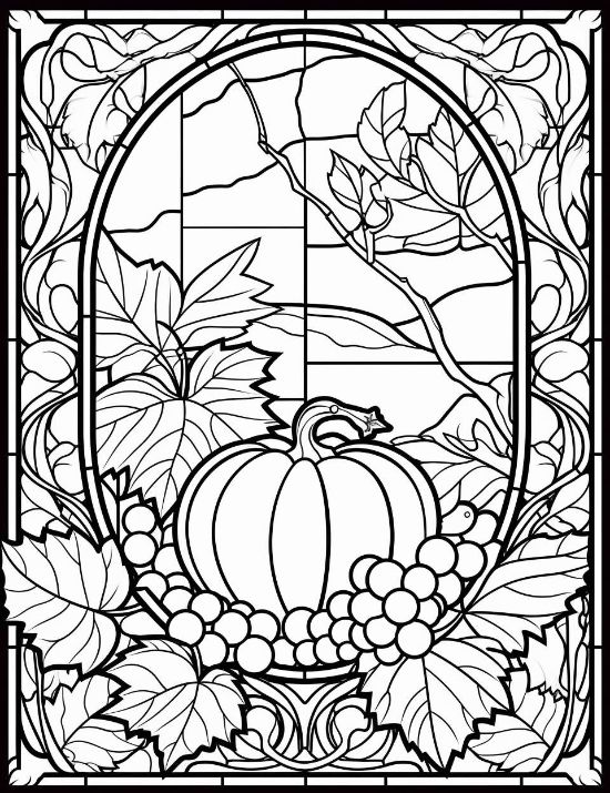 A harvest pumpkin with grapes and autumn leaves inside an oval stained glass frame coloring page.