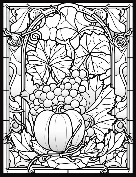 Pumpkin and grapes harvest scene framed by an ornate arched window in this stained glass coloring page