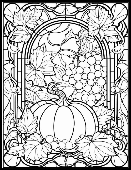 Autumn harvest pumpkin and grapes within a leaded glass frame in this seasonal stained glass coloring page.