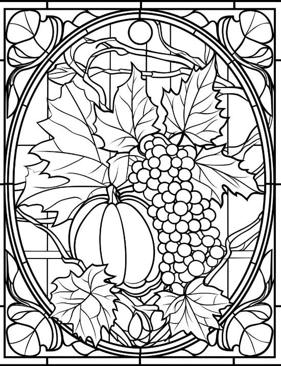 Autumn harvest scene with a pumpkin and grapes inside an oval frame for a stained glass coloring page.
