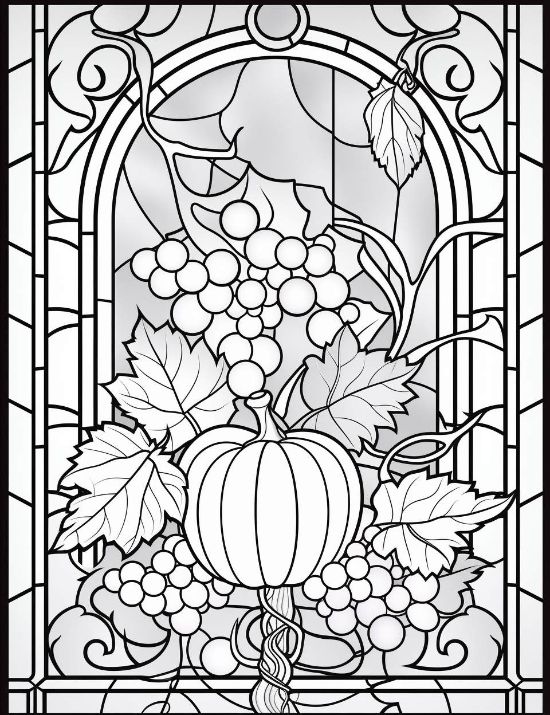 A pumpkin and grape clusters inside an arched window frame with thick black outlines coloring page.