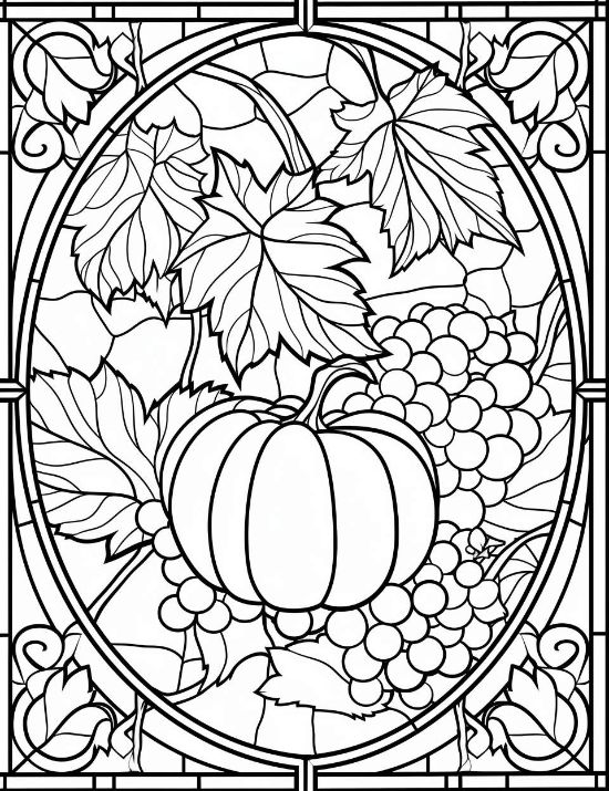 Stained Glass Adult Coloring Pages featuring a pumpkin, grapes, and fall leaves in an oval frame, coloring page