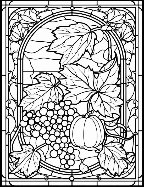 Autumn harvest scene with a pumpkin and grapes inside an arched leaded glass frame coloring page.