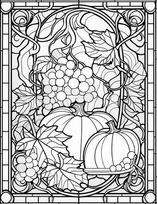 Pumpkins and grapes with maple leaves in a harvest themed mosaic style coloring page.