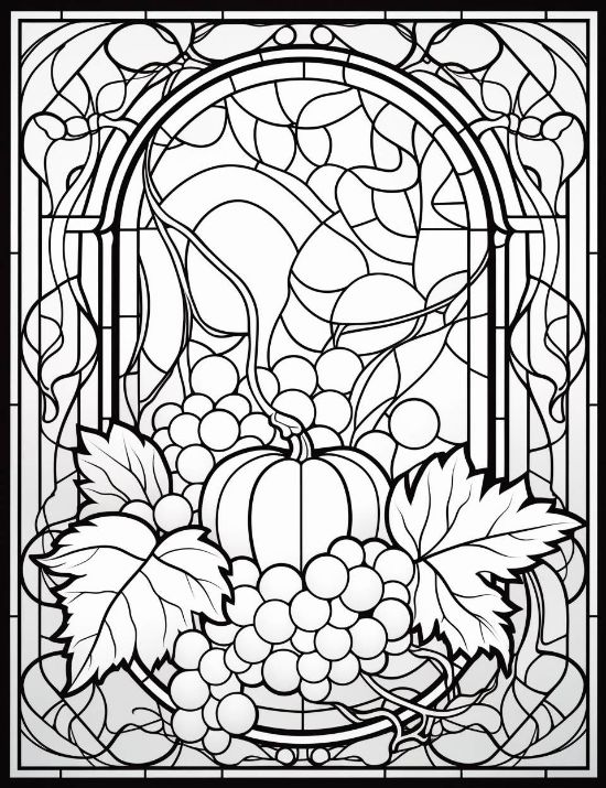 Harvest pumpkin and grape clusters framed by an arched window with leaded glass motifs coloring sheet.