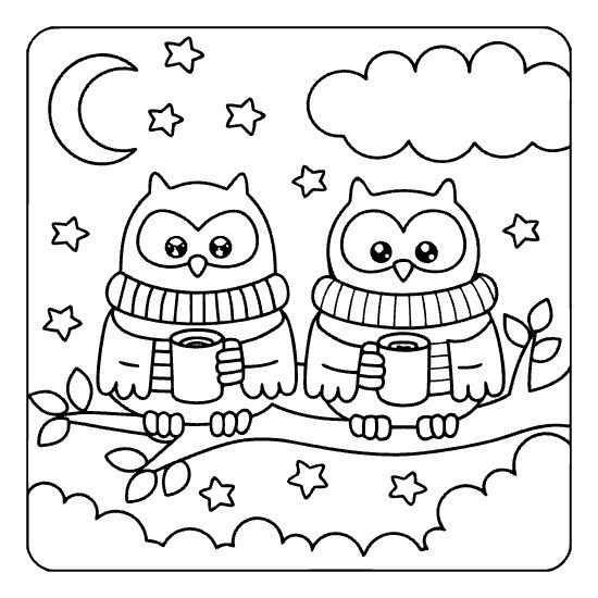 Two owls perched together under a crescent moon