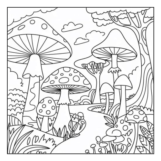 Detailed mushrooms in a decorative garden scene