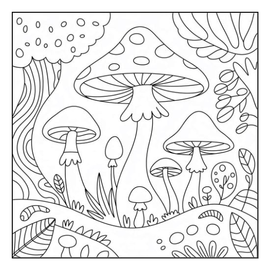Adult Coloring Pages with Mushrooms featuring a large spotted toadstool and forest foliage, bold and easy coloring page