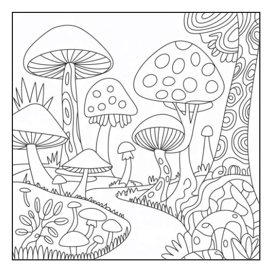 A mushroom cottage with butterflies and flowers