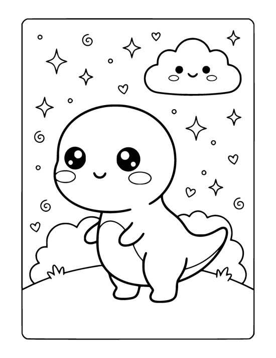 Round kawaii tyrannosaurus with big eyes standing on a grassy hill on a coloring page