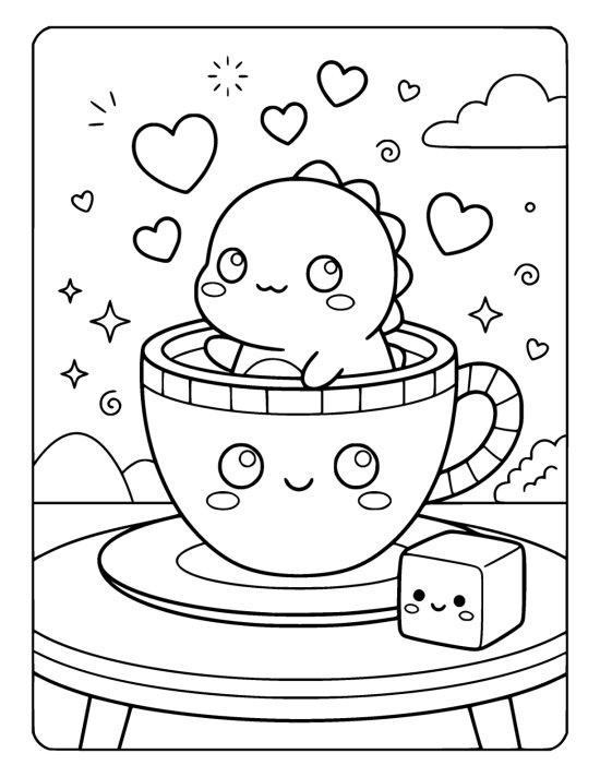 Tiny dinosaur peeking out of an oversized teacup with a happy face on a coloring sheet