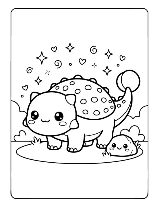 Round chibi ankylosaurus with a bumpy back and fat club tail on a coloring page