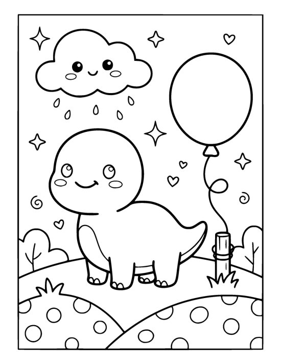 Tiny round dinosaur beside a large balloon tied to a small post on a coloring sheet