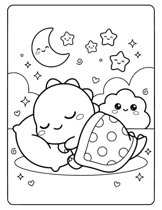 Plump dinosaur sleeping under a polka dot blanket beside a smiling moon on a coloring page