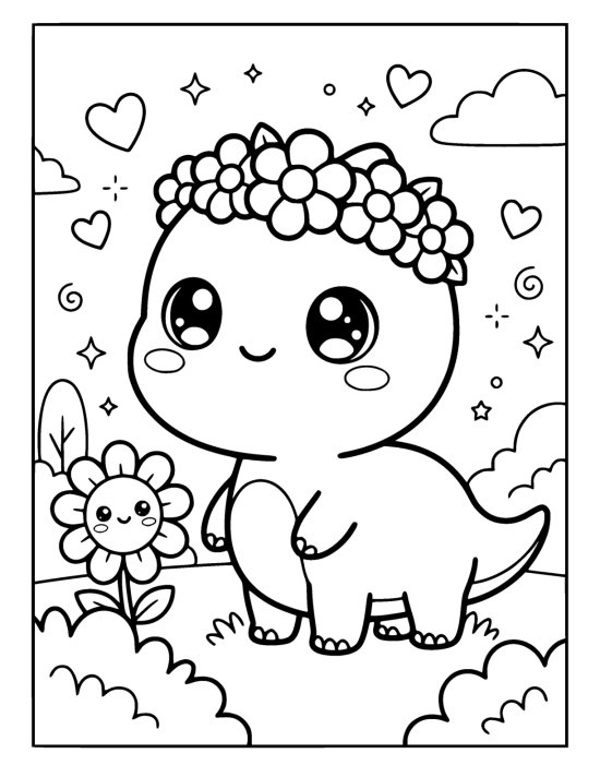 Round chibi dinosaur wearing a ring of chunky flowers on its head on a coloring sheet