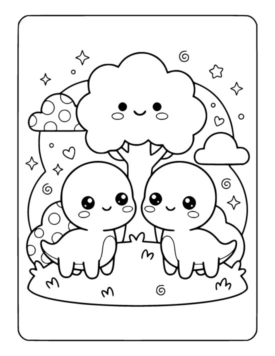 Two tiny round dinosaurs standing side by side under a smiling tree on a coloring page