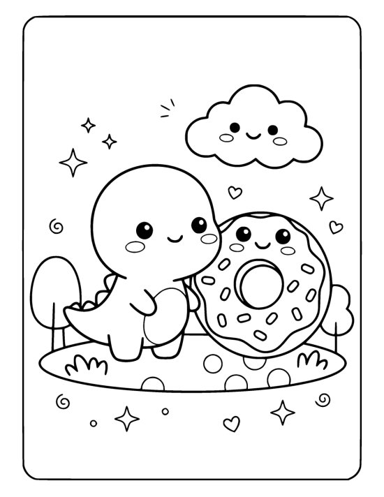 Tiny round dinosaur beside an oversized frosted donut with a smiling face on a coloring sheet