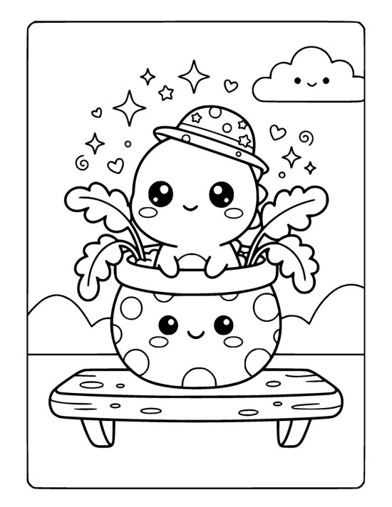 Tiny dinosaur peeking out of a fat polka dot plant pot with a happy face on a coloring page