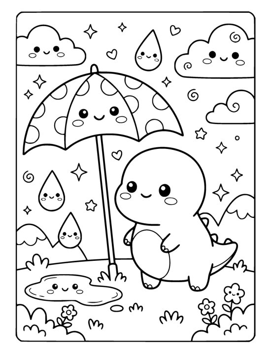 Chubby dinosaur standing under a big spotted umbrella with smiling raindrops on a coloring sheet