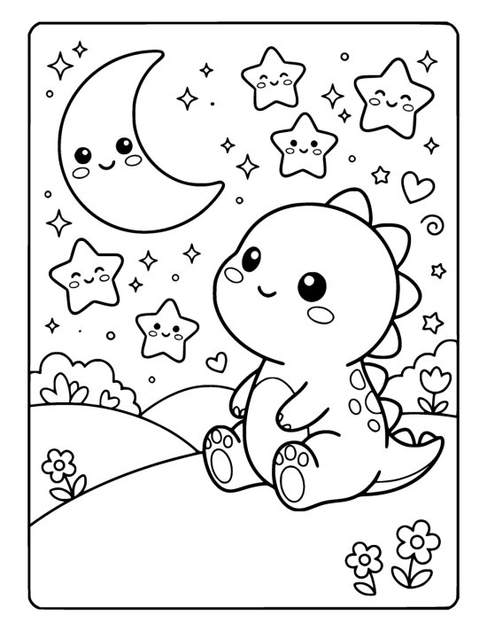 Round chibi dinosaur sitting on a hill looking up at a smiling crescent moon on a coloring page