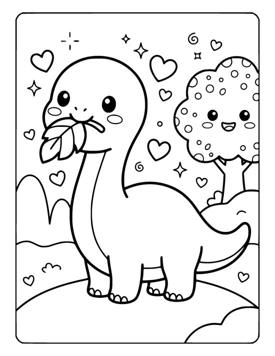 Chubby long necked dinosaur holding an oversized leaf in its mouth on a coloring sheet