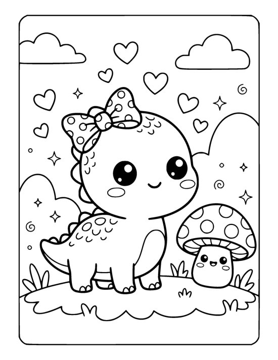 Tiny round dinosaur wearing a chunky bow beside a smiling mushroom on a coloring sheet