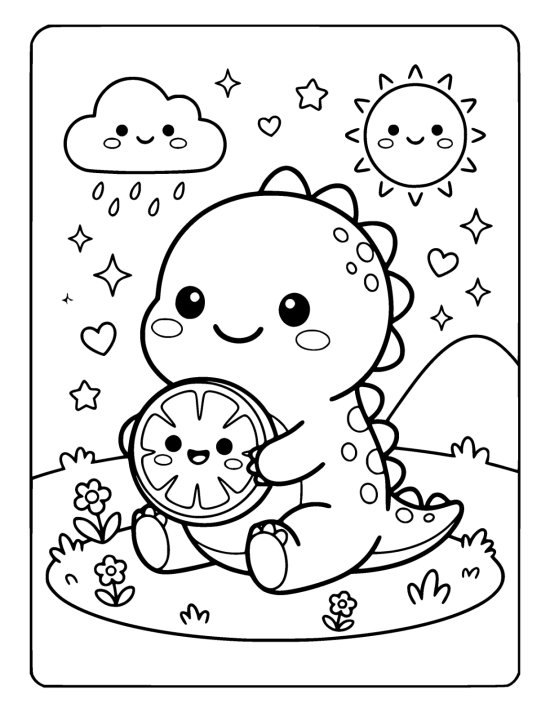 Tiny dinosaur holding an oversized round fruit slice with a smiling face on a coloring page