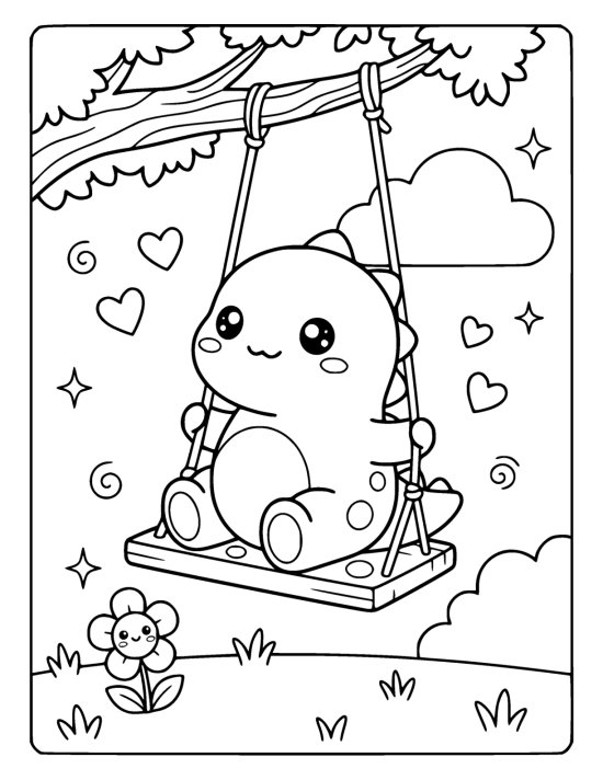 Chubby dinosaur sitting on a wide swing seat hanging from a tree branch on a coloring sheet