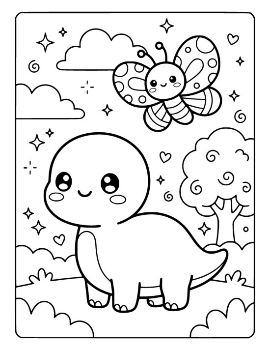 Tiny round dinosaur watching a plump smiling butterfly flutter overhead on a coloring page