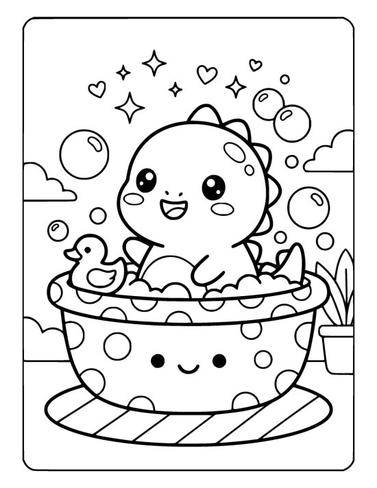 Round chibi dinosaur sitting in a spotted tub full of bubbles with a duck on a coloring sheet