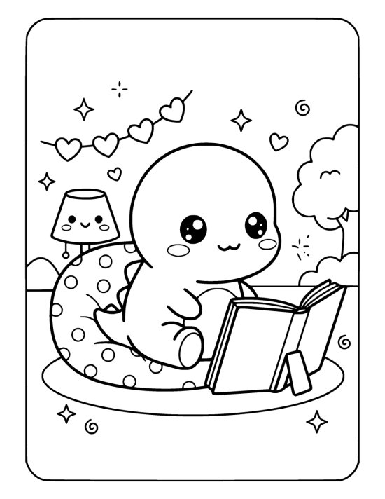 Tiny dinosaur sitting on a cushion looking at an open book with blank pages on a coloring page