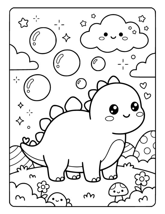 Chubby dinosaur watching five large round bubbles float overhead on a coloring sheet