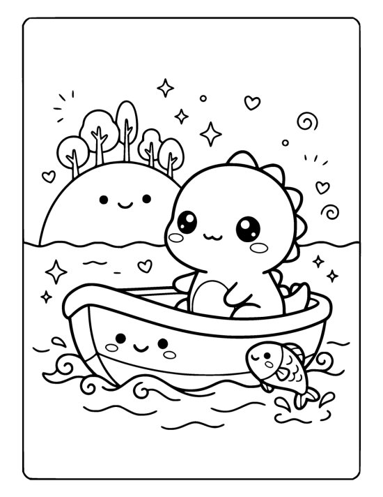 Tiny dinosaur sitting in a fat little boat with a smiling fish beside it on a coloring page