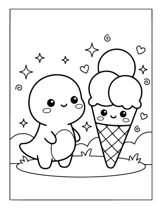 Tiny round dinosaur beside an oversized ice cream cone with a happy face on a coloring sheet